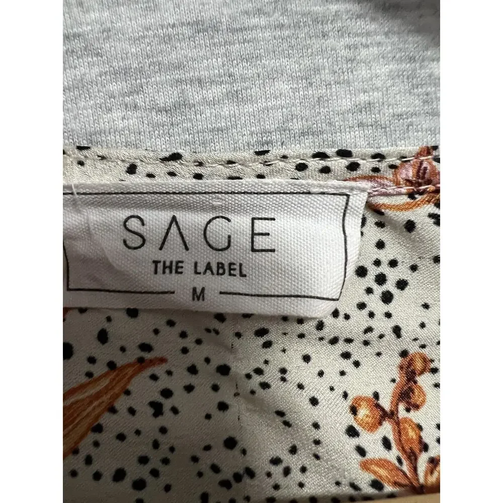 Sage The Label Wrap Blouse‎ Womens Medium Cream Floral Polka Dot Satin LS Top